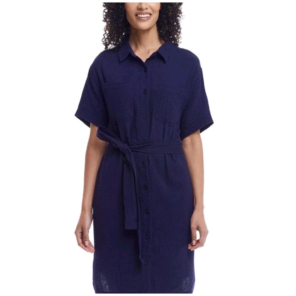 Weatherproof Vintage Dark Navy Cotton Shirtdress Tie Belt Pockets Classic Sz XL